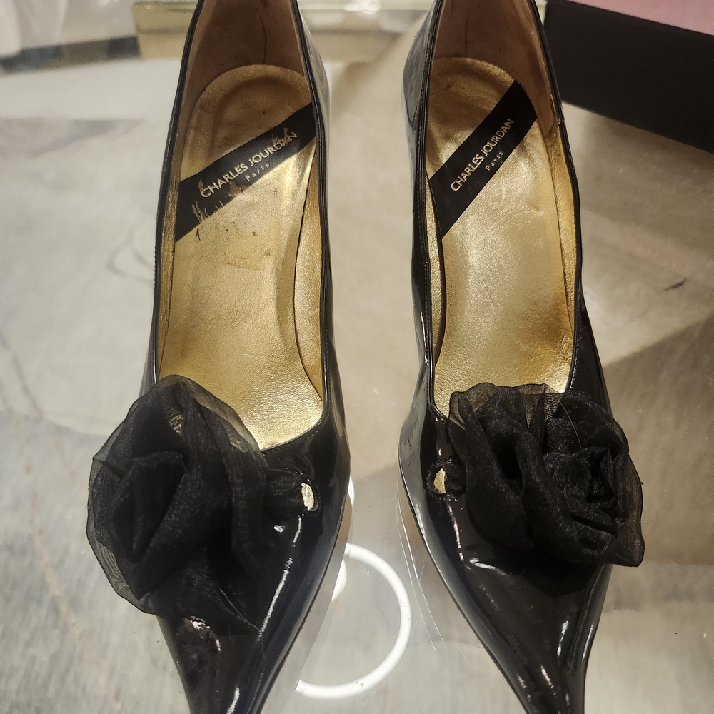 Vintage Charles Jourdan Black Patent Heels with Floral Detail D